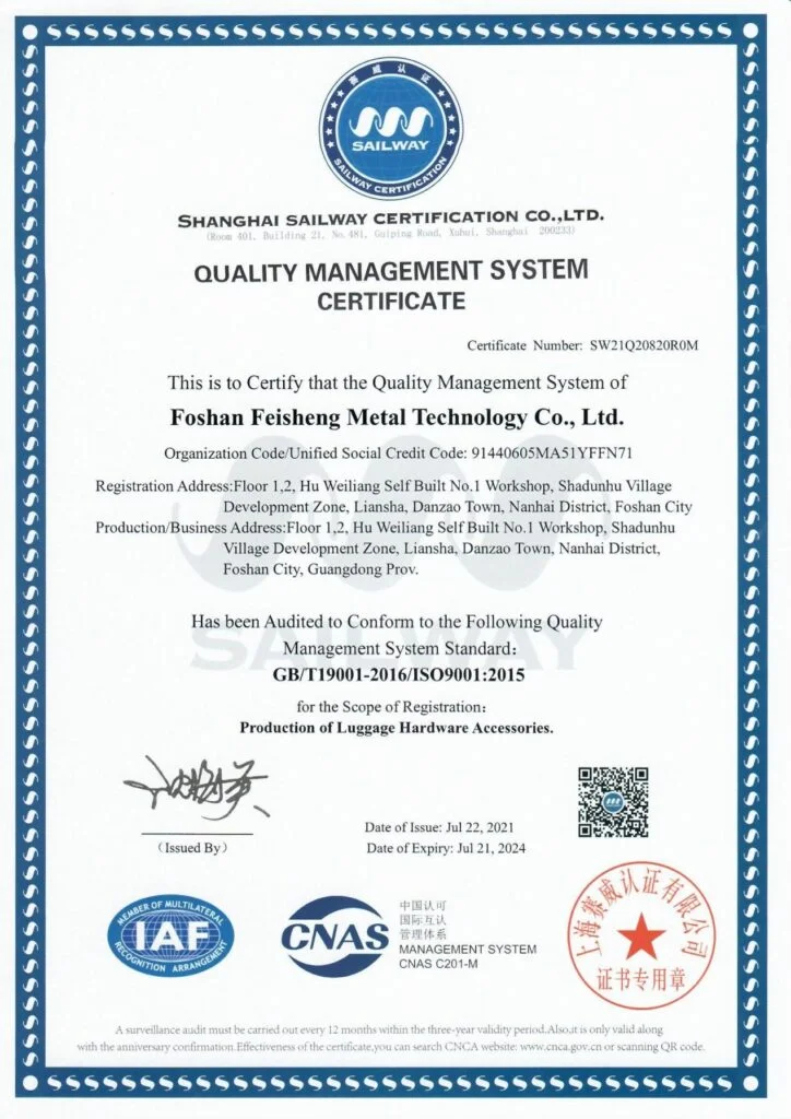 Fayshing Metal Technology Co,.Ltd obtient la certification ISO 2 OIN